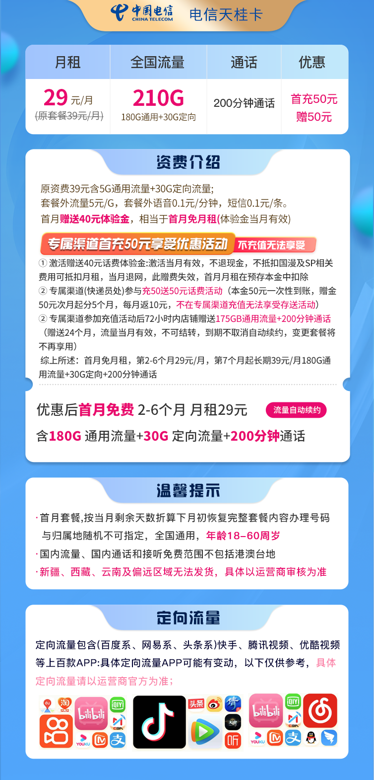 电信天桂卡29元210G流量+200分钟  第2张