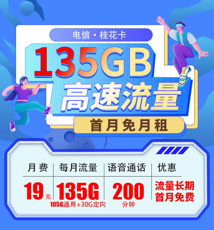 贵州电信桂花卡19元135G流量+200分钟  第1张