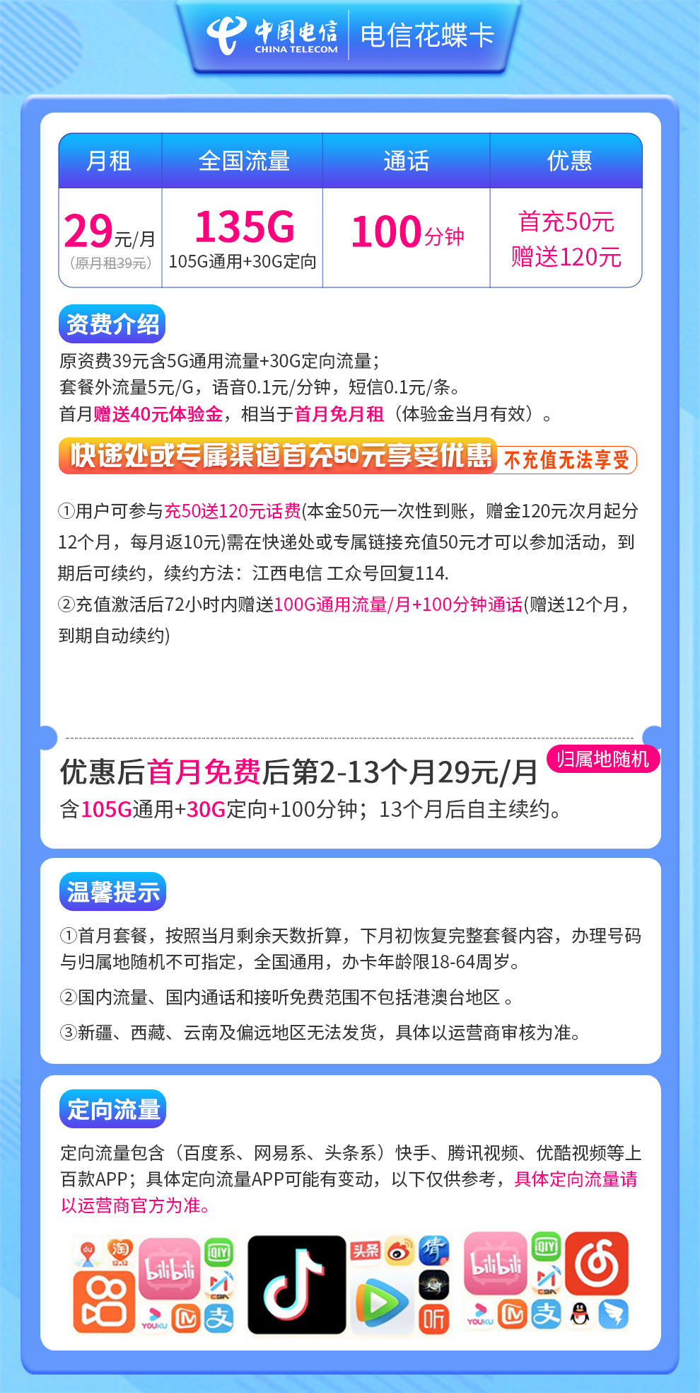 江西电信花蝶卡29元135G流量+100分钟  第2张
