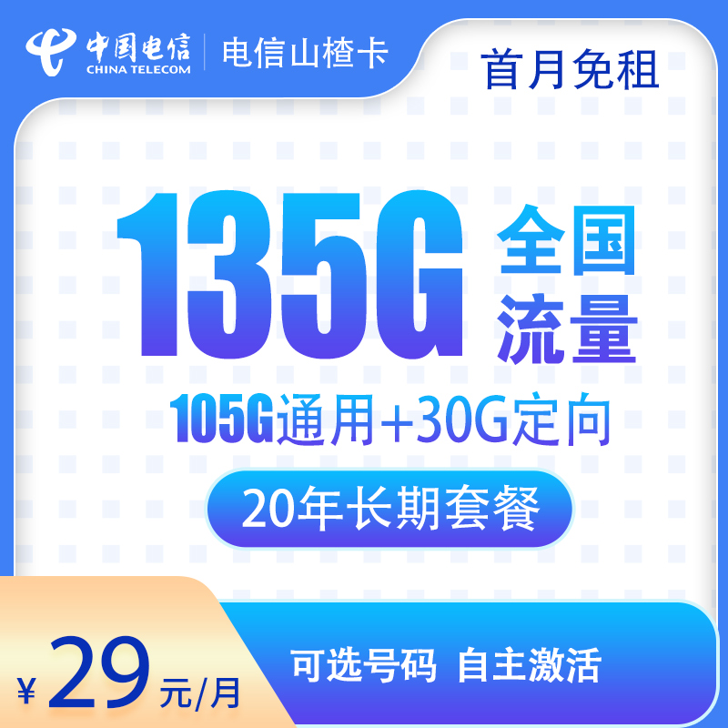 山东电信山楂卡29元135G流量【20年优惠期】自选靓号