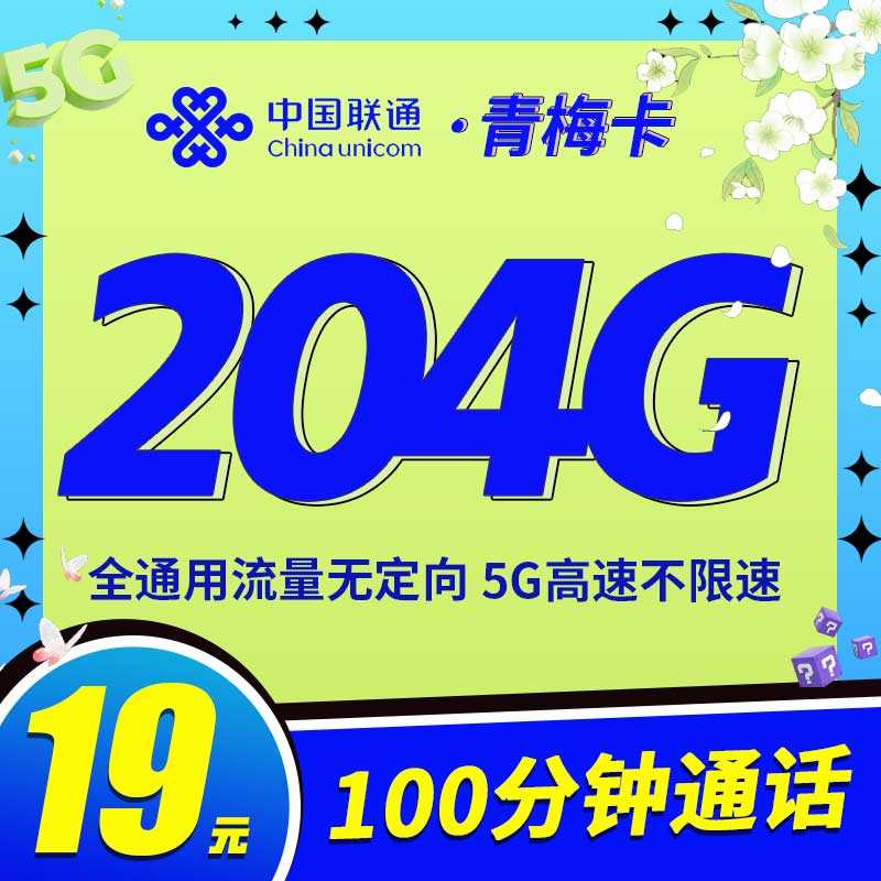 联通青梅卡19元204G通用流量+100分钟通话