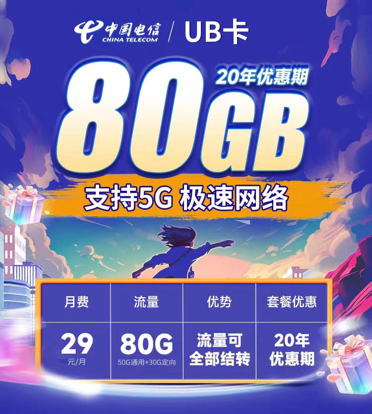 电信UB卡29元80G支持结转+永久套餐  第1张
