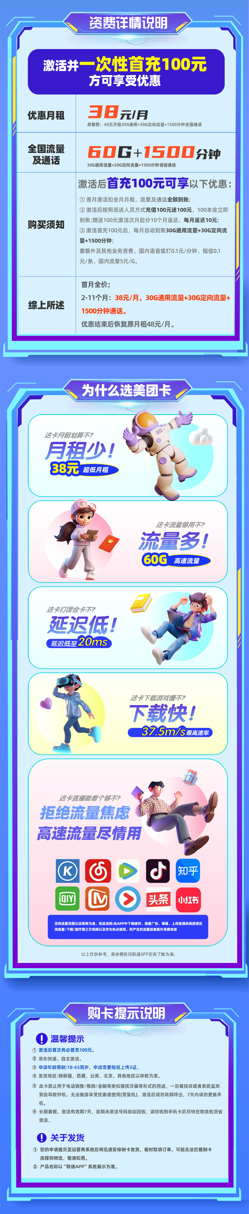 联通美团卡38元/月享30G通用+30G定向+1500分钟通话  第2张