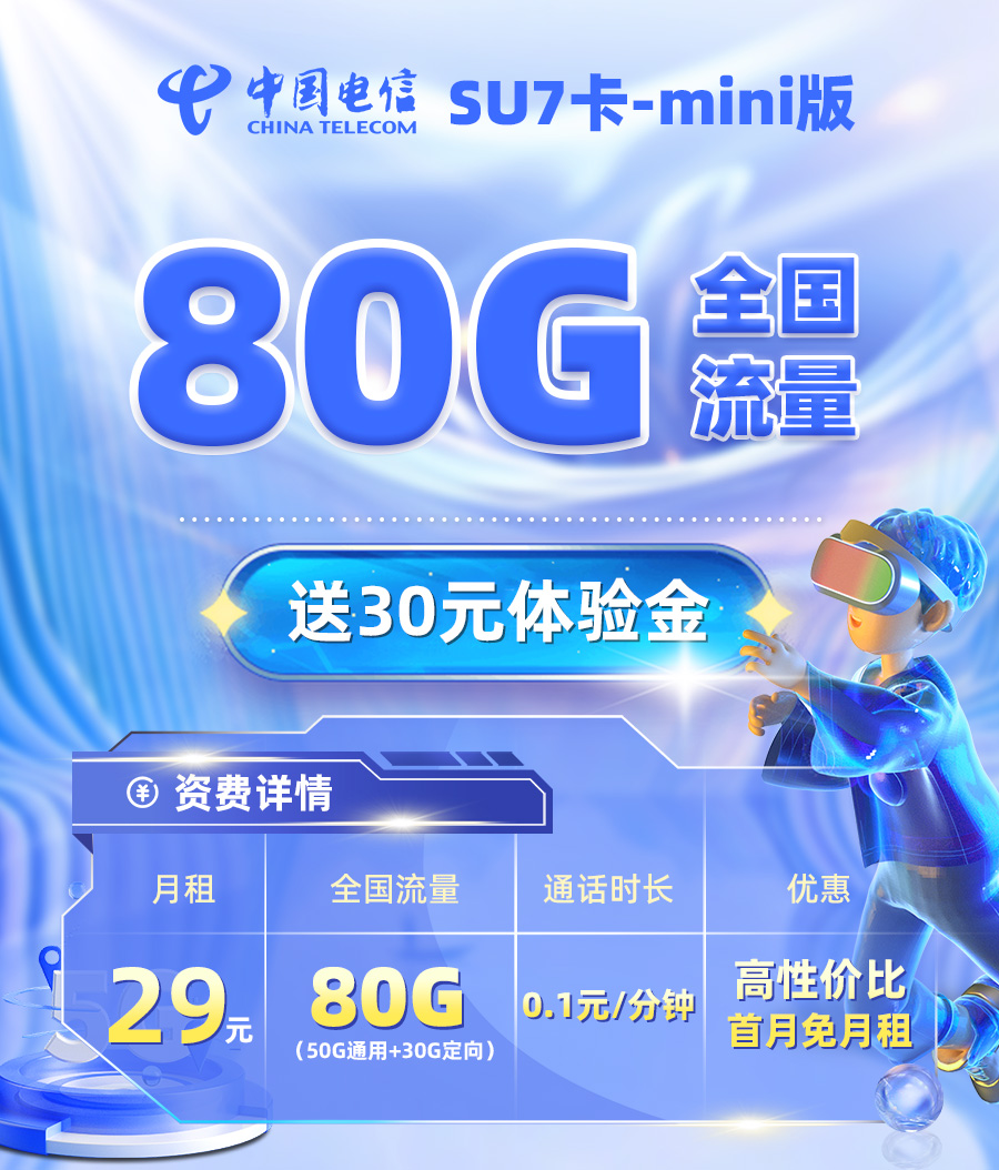 电信SU7卡29元/月享50G全国通用+30G定向流量（在线选号）  第1张