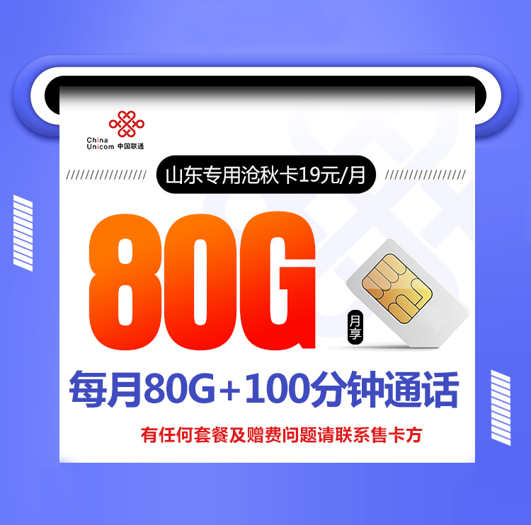 山东专用沧秋卡19元80G流量+100分钟