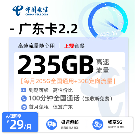 电信广东卡2.2【29元235G流量+100分钟通话】