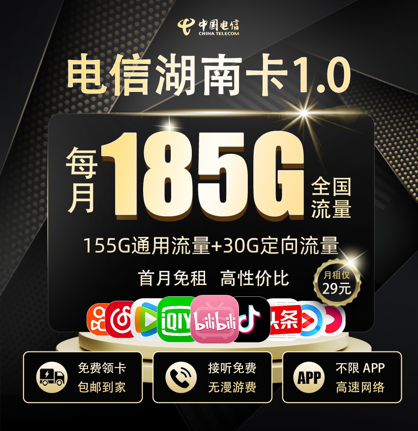 电信湖南卡1.0【29元/月享185G流量+100分钟通话】
