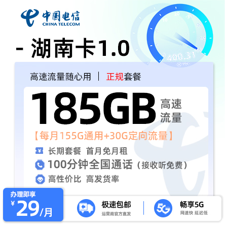 电信湖南卡1.0【29元185G流量+100分钟通话】