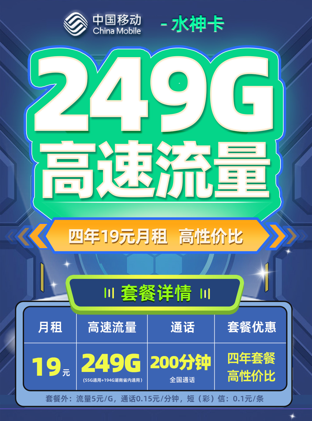 移动水神卡19元月享249G流量+200分钟通话  第1张