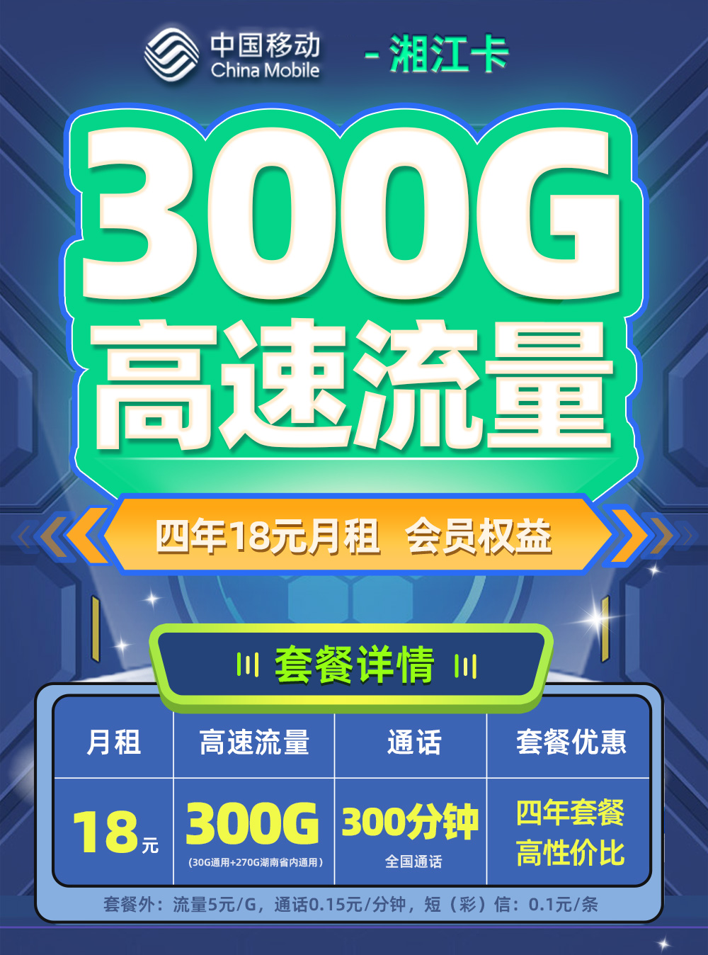 移动湘江卡18元/月享300G流量+300分钟通话  第1张