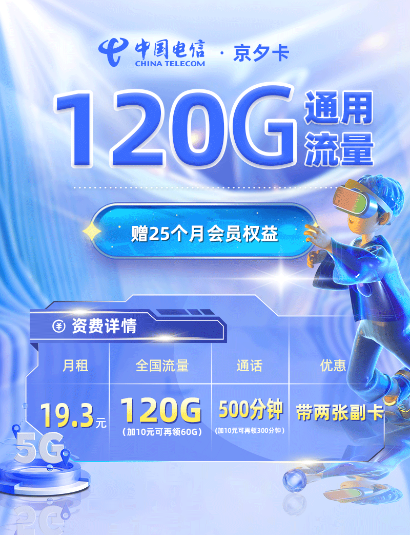 靓号王卡最新发布：电信京夕卡19.3元120G通用流量+500分钟通话【北京专属】