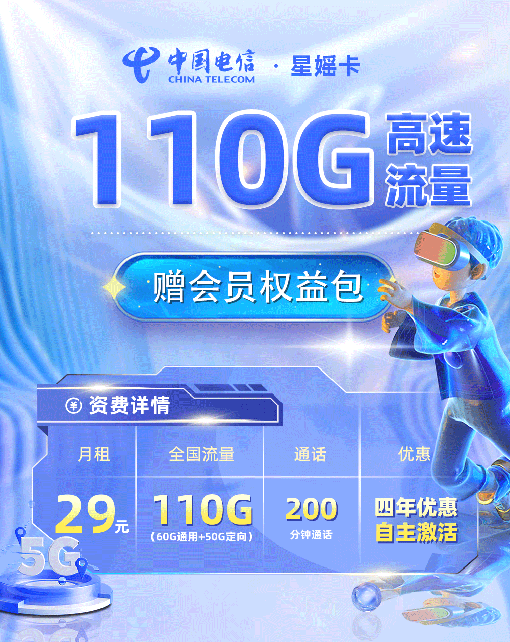 靓号王卡最新发布：电信星媱卡29元60G通用流量+50G定向流量+200分钟通话