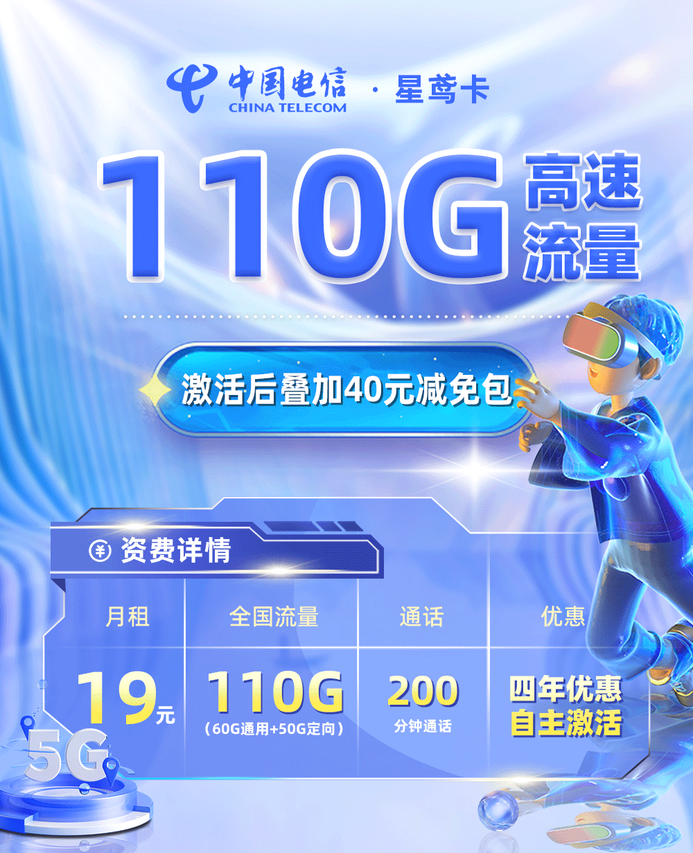 靓号王卡最新发布：电信星鸢卡19元110G流量+200分钟通话