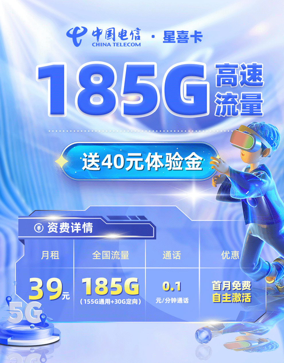 靓号王卡最新发布：电信星喜卡39元185G流量