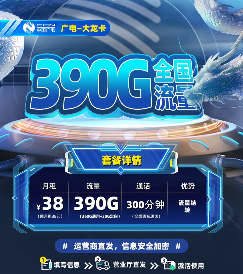 靓号王卡最新发布：广电大龙卡38元/月享390G全国流量+300分钟通话  第1张