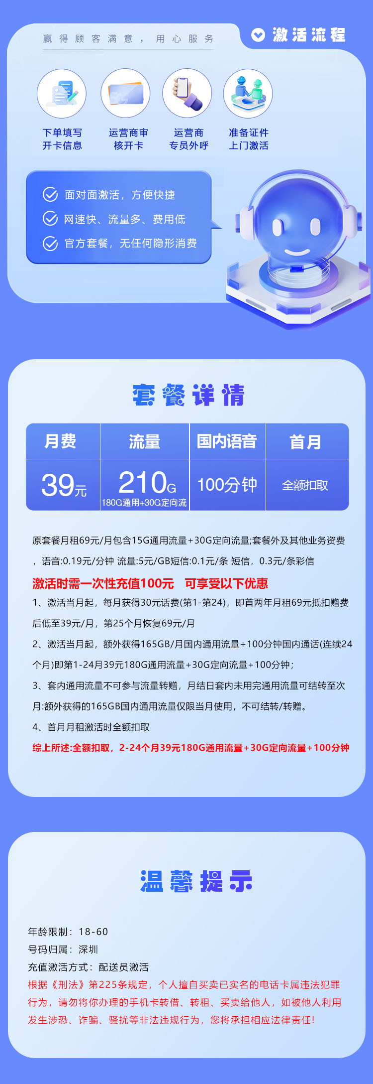 深圳移动专属卡【39元210G流量+100分钟】  第2张