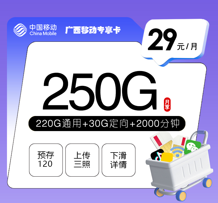 广西移动专享卡【29元250G流量+2000分钟】